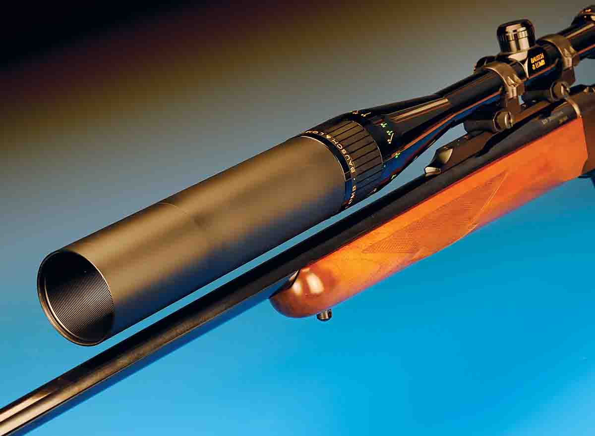 For all-day shooting, regardless of the position of the sun, Stan equipped the scope with a set of extended lens shades from Bausch & Lomb to keep the glare off the objective lens.